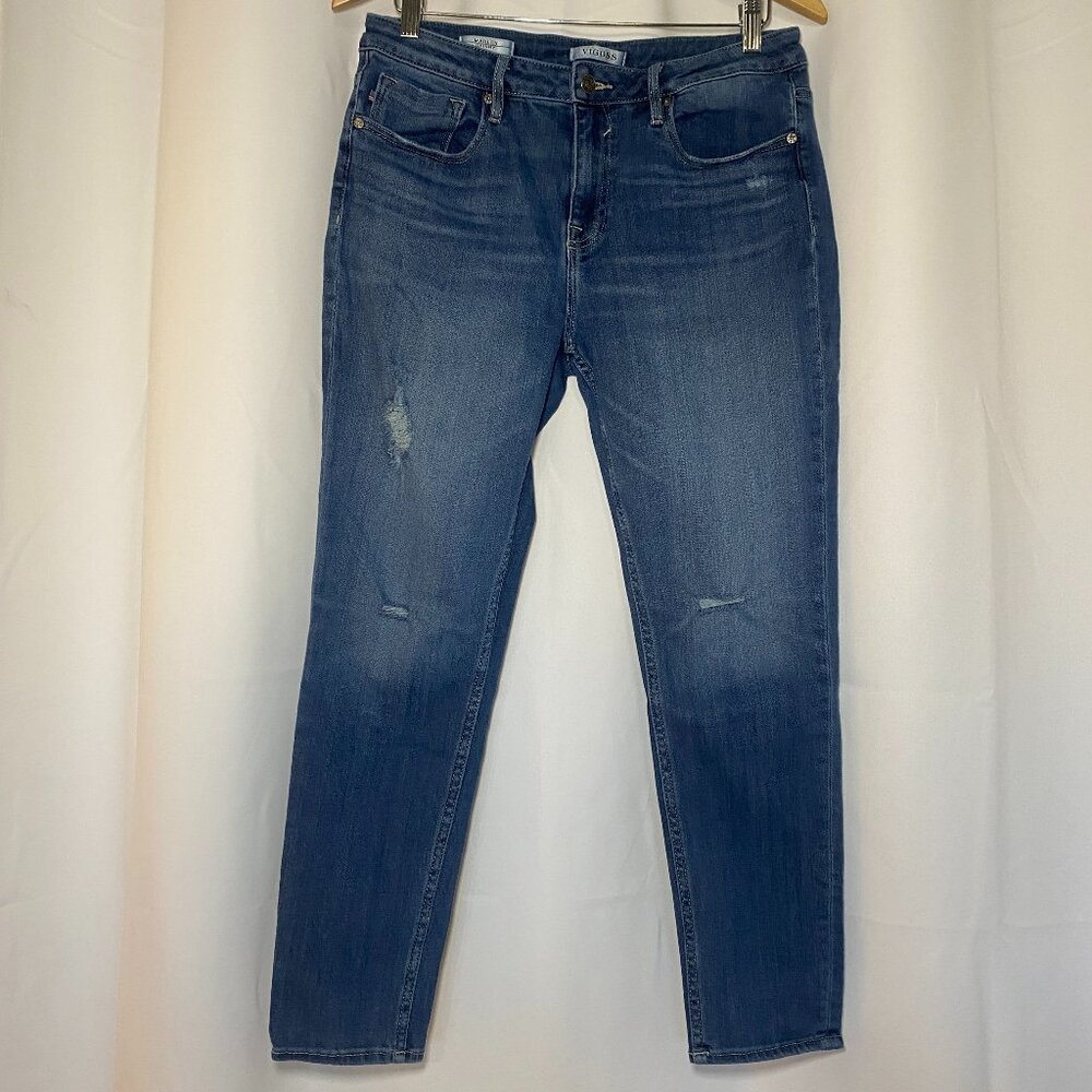 Vigoss Marley Mid Rise Skinny Jeans Womens 32 Distressed Indigo Blue Stretch EUC